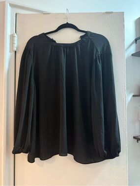 Adrianna Papell Black Long-Sleeve Pleated Silk-Look Blouse